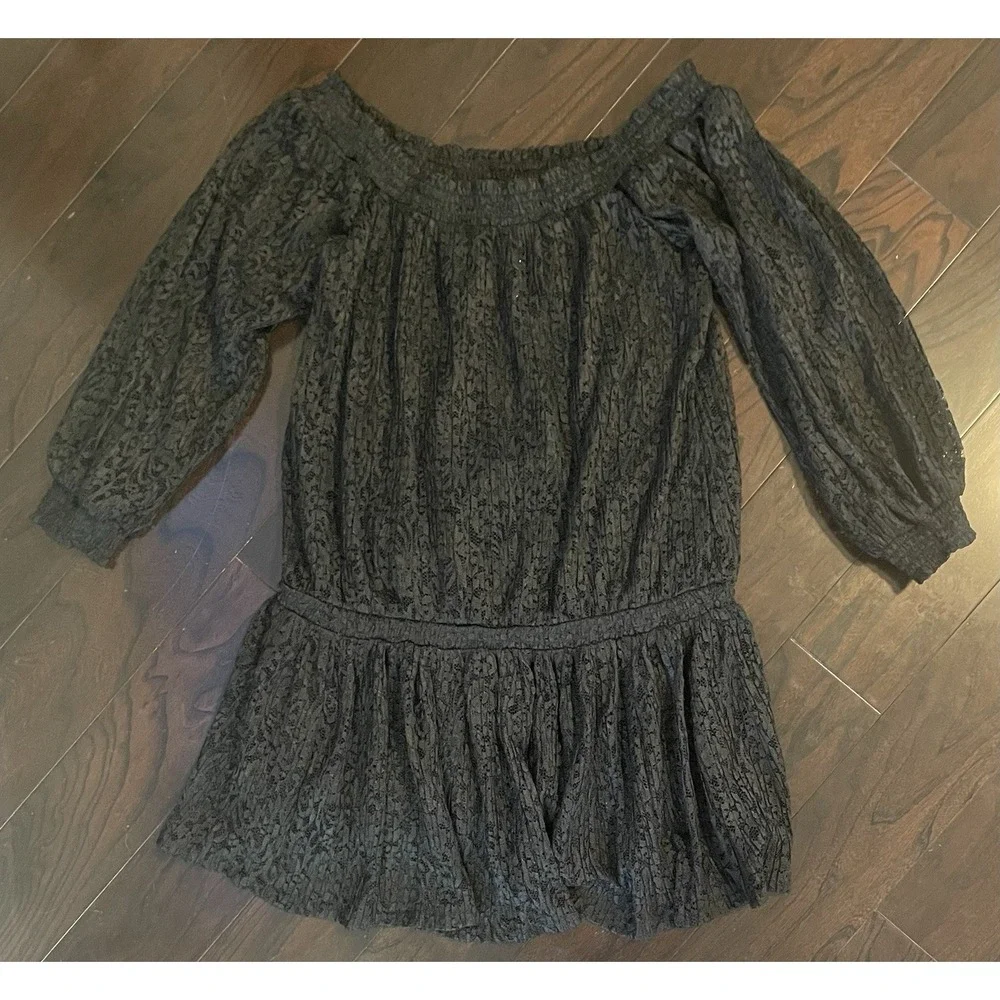 Free People Mini Dress Small Black Lace Sheer Off Shoulder Dropped Waist Boho